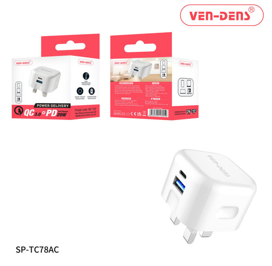 Dual Port QC 3.0 + PD 20w Fast Charger Wall Plug